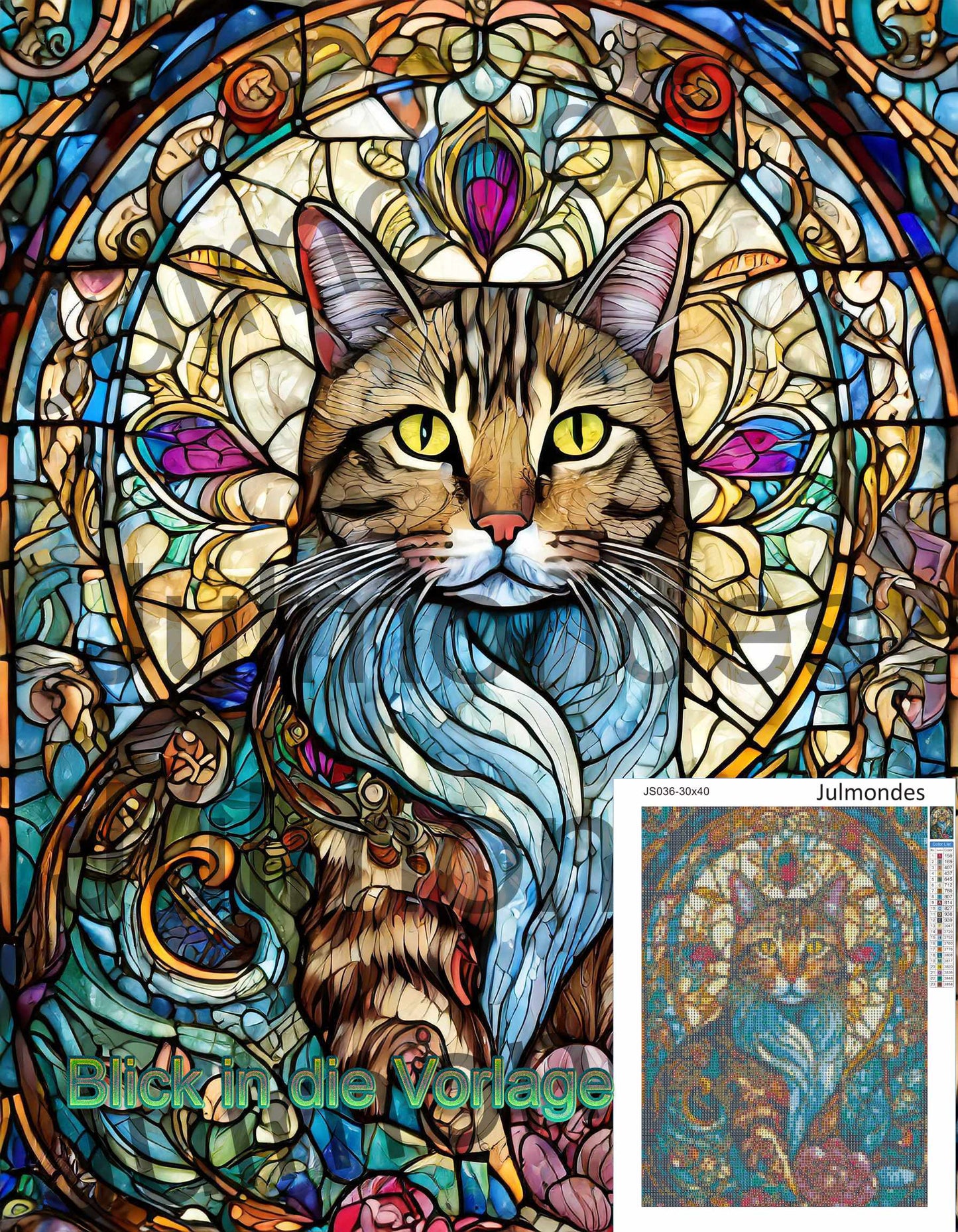 Diamond Painting Kit Katze im Buntglasfenster 30x40