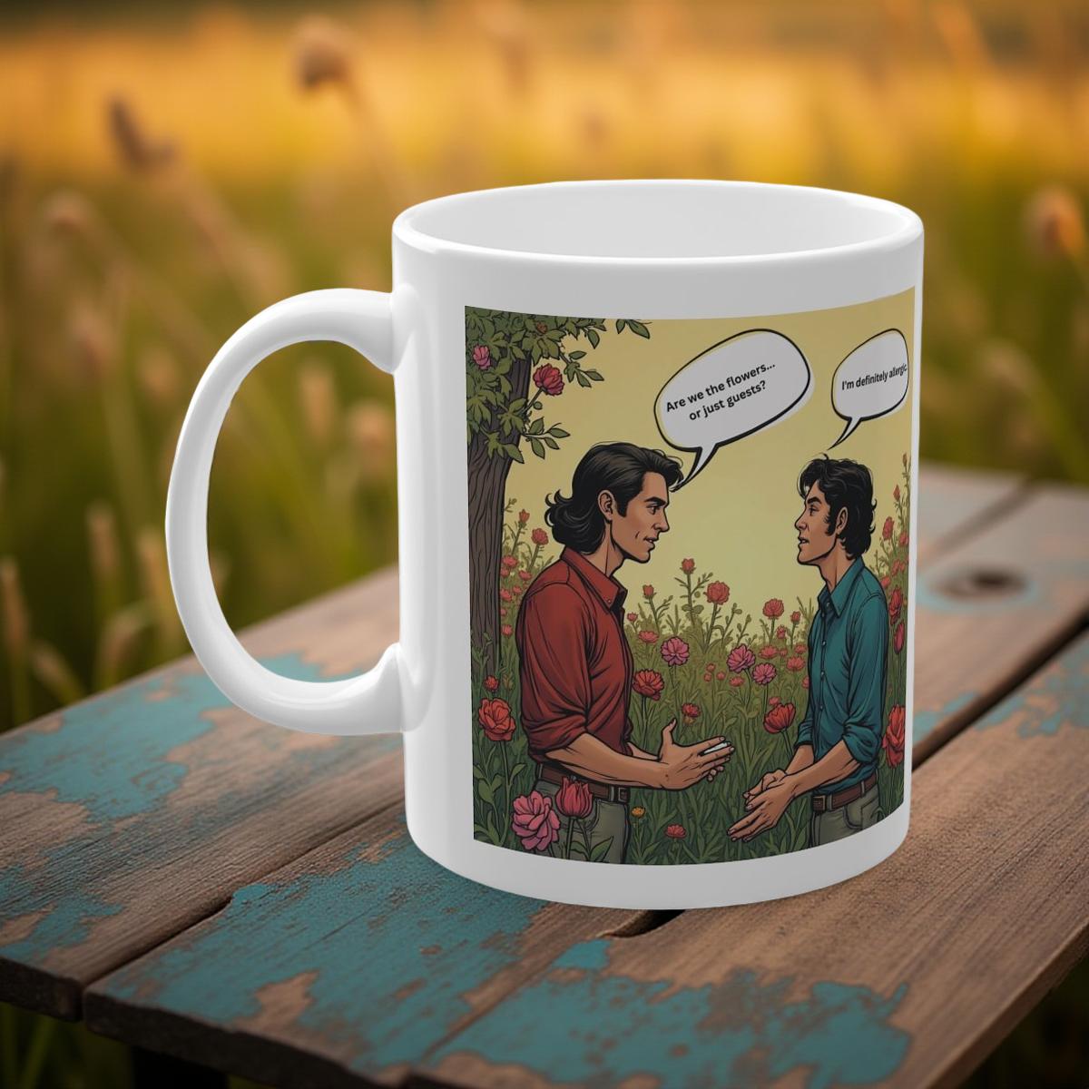 Art Mug Blumengespräche Philosophen Tassen Artwork Are We flowers or just guests? I am definitely allergic Geschenkidee