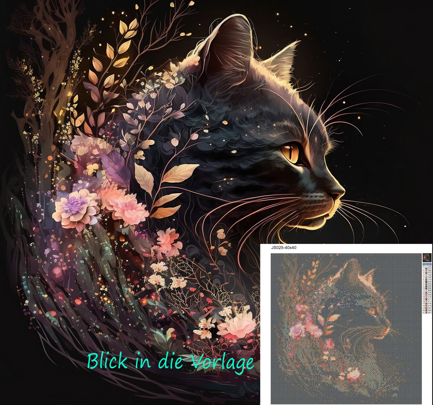 Diamond Painting Kit 40x40 cm Schwarze Katze mit Blumen Eckige Steinchen