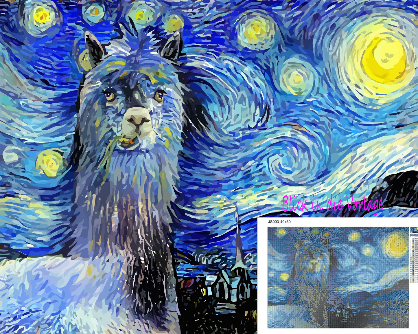 Diamond Painting Kit 40x30 cm Starry Night Alpaka van Gogh Eckige Steinchen