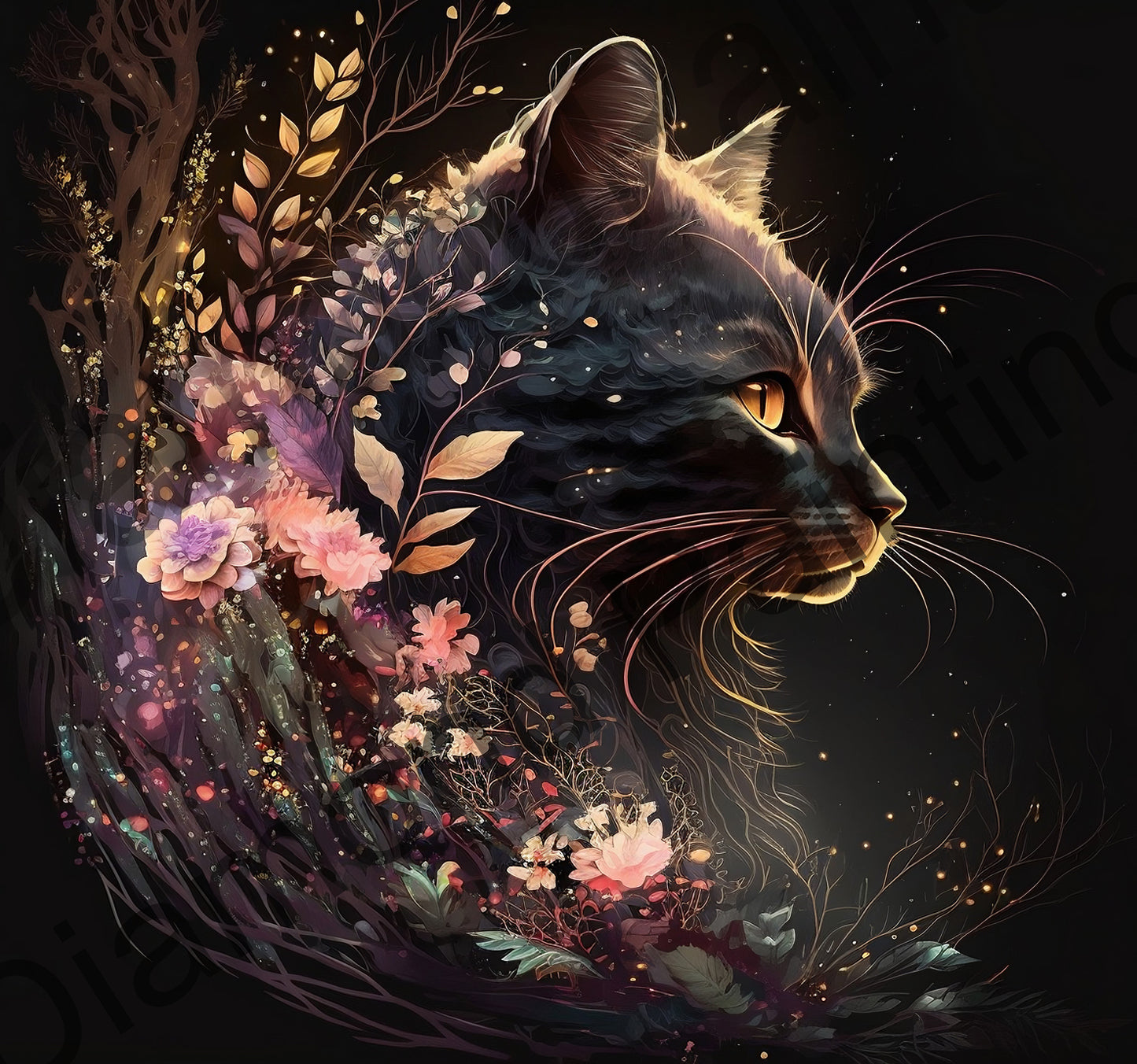 Diamond Painting Kit 40x40 cm Schwarze Katze mit Blumen Eckige Steinchen